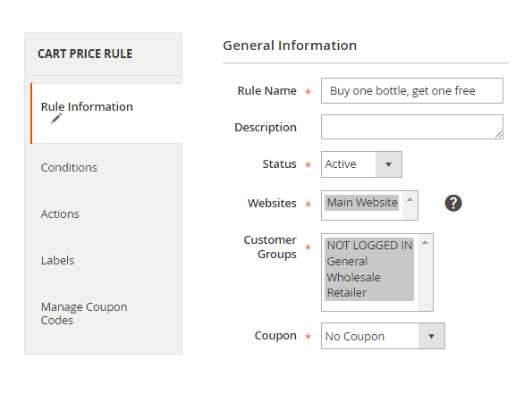 How to Create a Cart Price Rule in Magento 2 - Step 2: Enter a Rule Name, set its Status to active