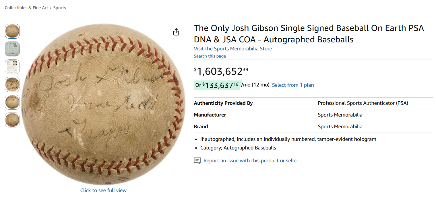 1. The Only Josh Gibson Single Signed Baseball