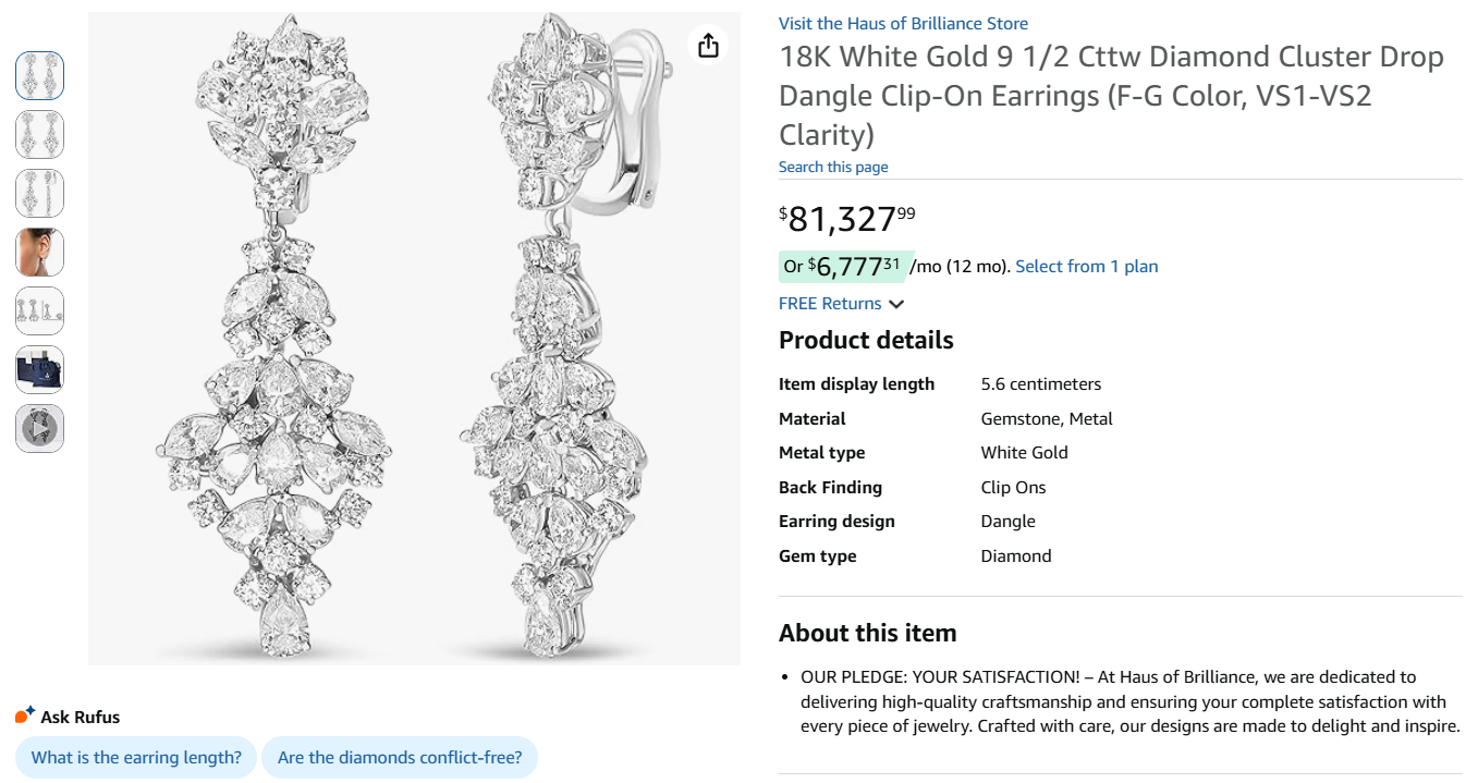 18K White Gold 9 1/2 Cttw Diamond Cluster Drop Dangle Clip-On Earrings