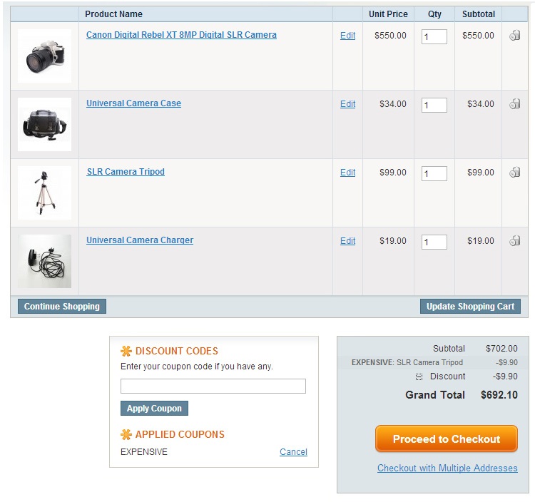 Shopping cart page Magento shopping cart page with promotion rule
