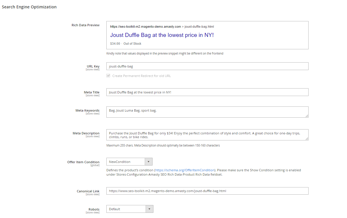 search engine optimization magento 2