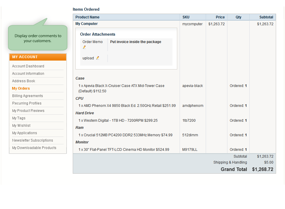 frontend example of an order memo