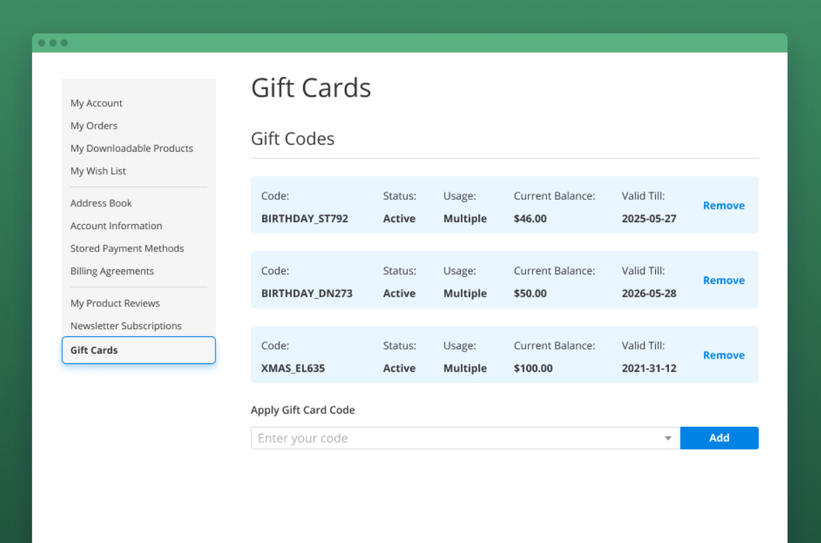  track several gift codes at their customer account